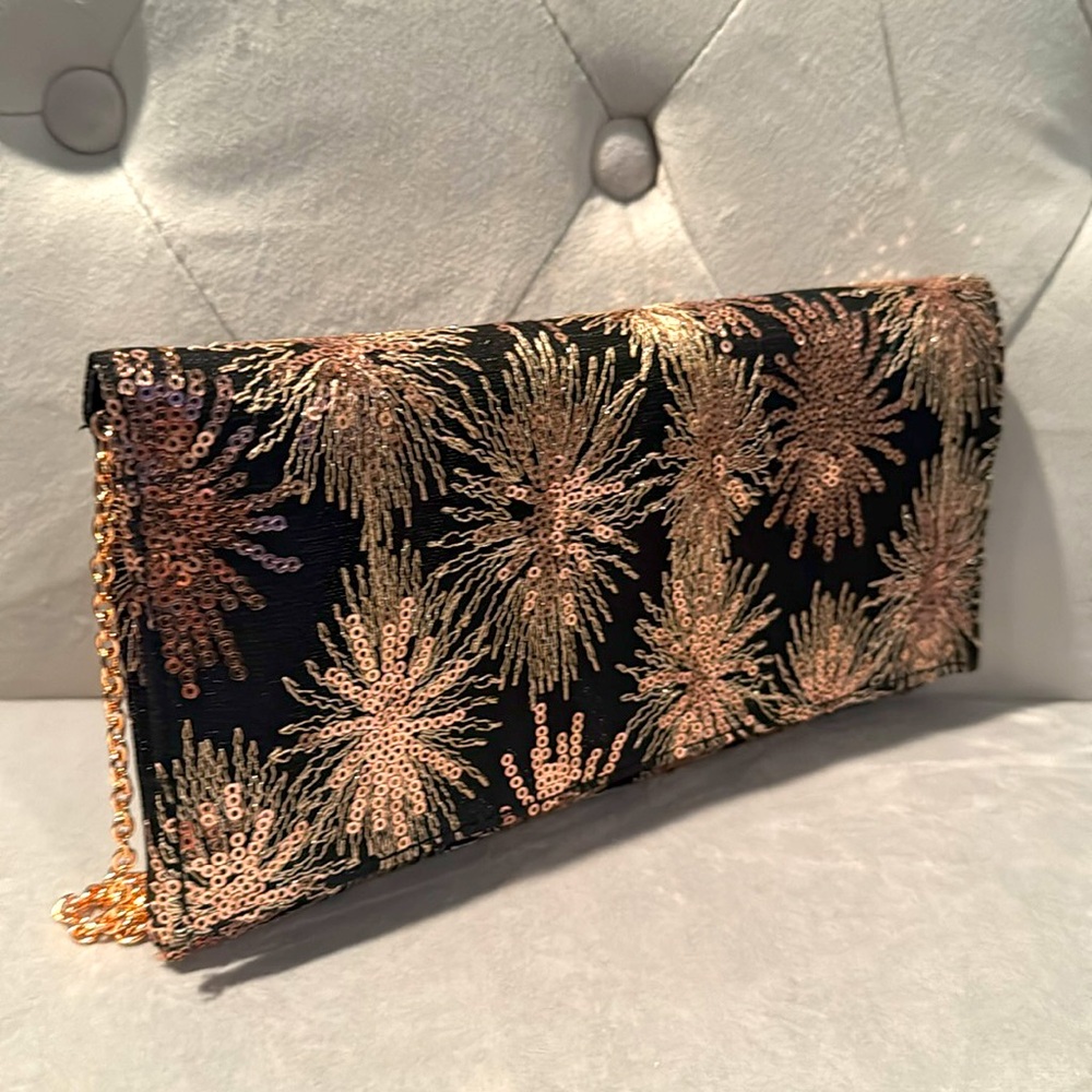 Jessica McClintok Clutch Bag Nora Metallic Rose Gold Chain Shoulder Starburst